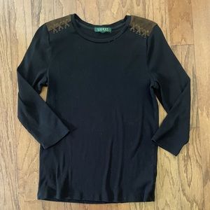 Ralph Lauren green label black ribbed top with faux leather laces at shoulders